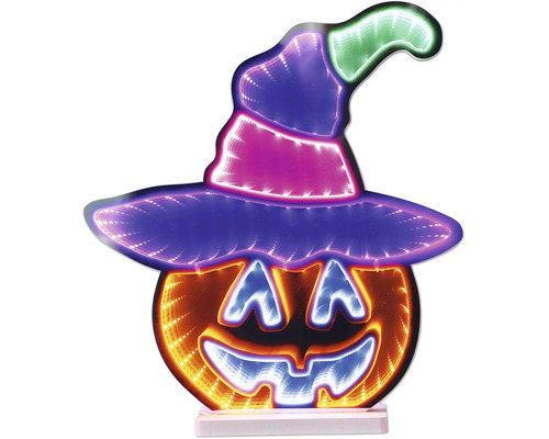 Décoration LED Halloween citrouille orange avec chapeau de sorcière coloré et effet d'infini.