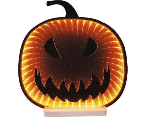 Décoration citrouille d'Halloween avec effet miroir infini LED, visage de lanterne et lumières.