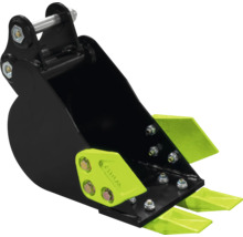 Godet pour mini-pelle en métal noir avec des dents vert fluo.