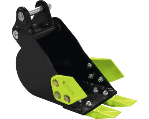 Godet pour mini-pelle en métal noir avec des dents vert fluo.