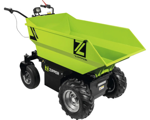 Mini-dumper électrique Zipper ZI-ED500 avec quatre roues motrices, grande benne et pneus tout-terrain.