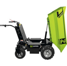 Dumper électrique Zipper avec quatre roues et benne basculante verte relevée.