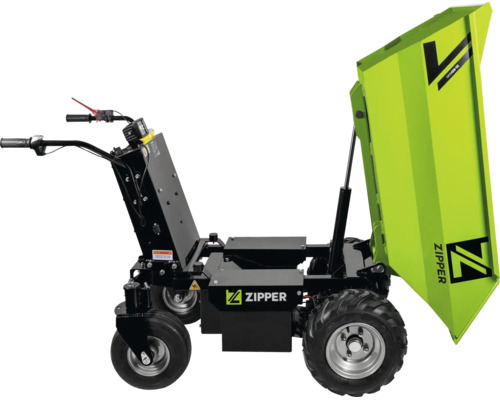 Dumper électrique Zipper avec quatre roues et benne basculante verte relevée.