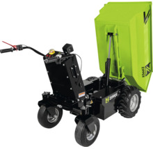 Dumper motorisé Zipper à quatre roues avec une benne basculante hydraulique verte relevée.