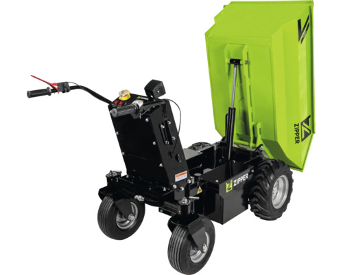 Dumper motorisé Zipper à quatre roues avec une benne basculante hydraulique verte relevée.
