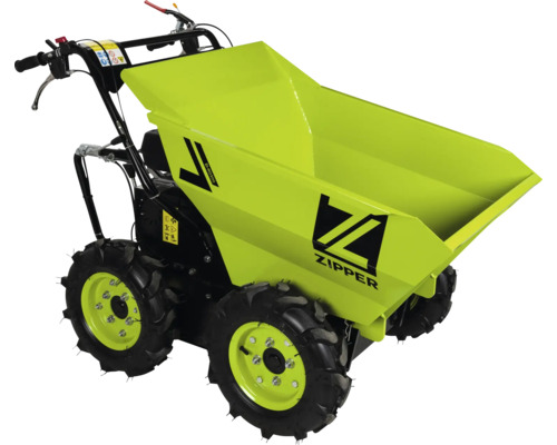 Mini-dumper Zipper ZI-RD300 avec quatre roues motrices, quatre pneus tout-terrain et une grande benne basculante en métal.