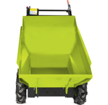 Mini-dumper motorisé avec grande benne métallique et pneus à crampons pour terrains difficiles.
