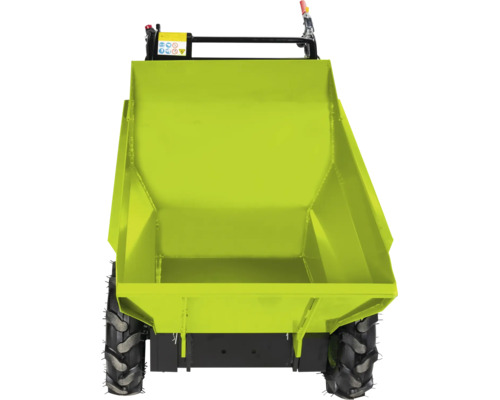 Mini-dumper motorisé avec grande benne métallique et pneus à crampons pour terrains difficiles.