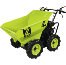 Mini-dumper Zipper avec moteur à essence, quatre roues motrices et benne basculante pour le transport de matériaux lourds sur les chantiers.