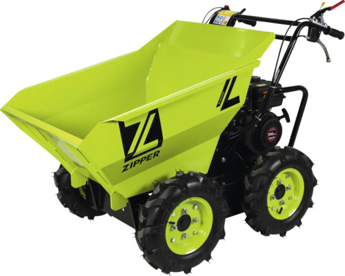 Mini-dumper Zipper avec moteur à essence, quatre roues motrices et benne basculante pour le transport de matériaux lourds sur les chantiers.