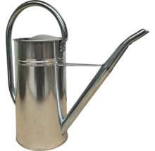 Gießkanne aus verzinktem Metall mit langem Ausguss und großem Bügelgriff.