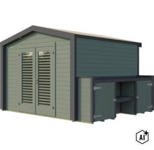 Abri de jardin en bois avec double porte et annexe intégrée pour le rangement des outils de jardin. (Image AI modified or generated)