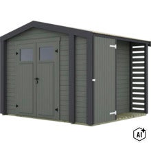 Abri de jardin en bois avec double porte et appentis latéral (Image AI modified or generated)