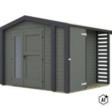 Abri de jardin en bois avec double porte et extension latérale pour le rangement (Image AI modified or generated)