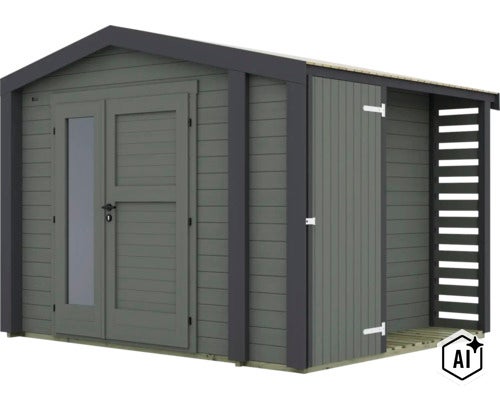 Abri de jardin en bois avec double porte et extension latérale pour le rangement (Image AI modified or generated)