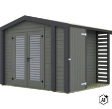 Abri de jardin moderne en bois avec porte double et extension latérale avec éléments d etagères. (Image AI modified or generated)