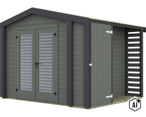 Abri de jardin moderne en bois avec porte double et extension latérale avec éléments d etagères. (Image AI modified or generated)