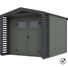 Abri de jardin moderne en bois avec double porte, fenêtres et panneaux latéraux à lattes pour plus d intimité. (Image AI modified or generated)