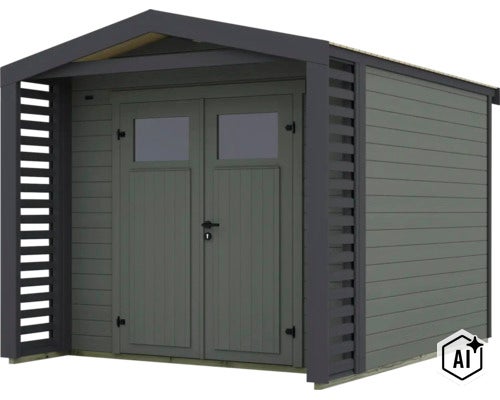 Abri de jardin moderne en bois avec double porte, fenêtres et panneaux latéraux à lattes pour plus d intimité. (Image AI modified or generated)