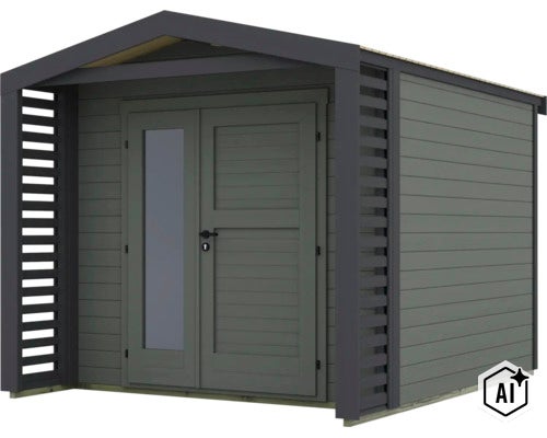 Abri de jardin moderne en bois avec portes doubles, panneau vitré et panneaux à lamelles latéraux. (Image AI modified or generated)
