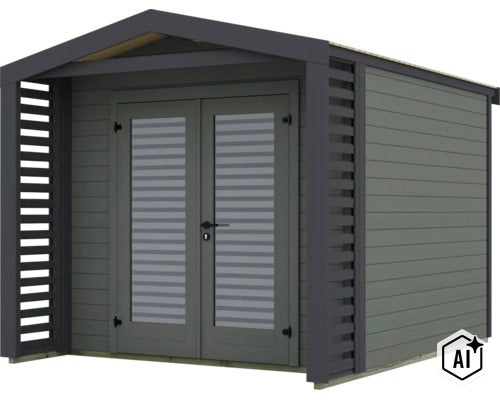 Abri de jardin moderne en bois avec porte double, éléments à lamelles sur les côtés et toit à deux versants. (Image AI modified or generated)