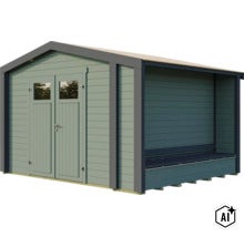 Abri de jardin en bois avec porte double et auvent intégré comme remise moderne pour le jardin. (Image AI modified or generated)