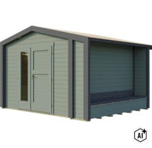 Abri de jardin en bois avec auvent intégré et porte vitrée pour l'extérieur (Image AI modified or generated)