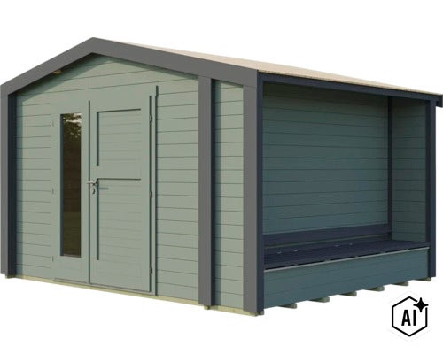 Abri de jardin en bois avec auvent intégré et porte vitrée pour l'extérieur (Image AI modified or generated)
