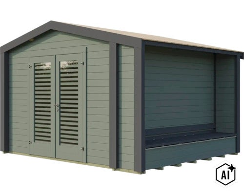 Abri de jardin moderne en bois avec double porte, extension intégrée et banc. (Image AI modified or generated)