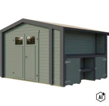 Abri de jardin en bois avec porte double et appentis intégré pour espace de rangement supplémentaire. (Image AI modified or generated)