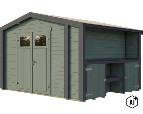 Abri de jardin en bois avec porte double et appentis intégré pour espace de rangement supplémentaire. (Image AI modified or generated)