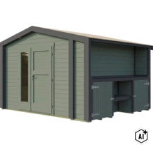 Abri de jardin en bois avec toit à deux pans, porte double vitrée et zone de rangement latérale avec petites portes battantes. (Image AI modified or generated)