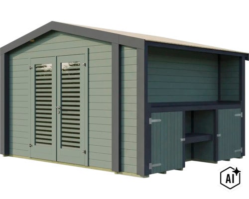 Abri de jardin en bois avec porte double et armoire latérale intégrée pour un espace de rangement supplémentaire. (Image AI modified or generated)