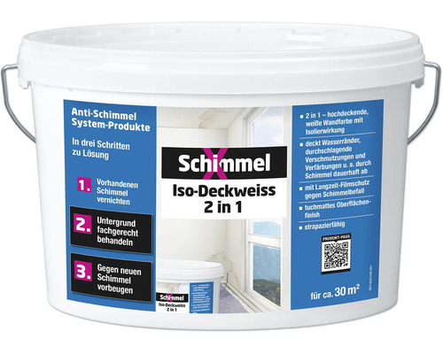 Schimmel Iso-Deckweiss 2 in 1, isolierende weiße Wandfarbe gegen Schimmel, deckt Wasserflecken ab, matt, für circa 30 Quadratmeter.