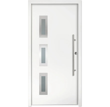 Porte d'entrée moderne blanche avec trois inserts vitrés verticaux et une longue poignée en acier inoxydable.