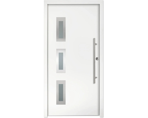 Porte d'entrée moderne blanche avec trois inserts vitrés verticaux et une longue poignée en acier inoxydable.