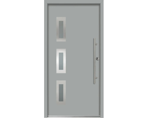 Moderne Haustür in Grau mit drei rechteckigen Glasausschnitten und langem Edelstahlstangengriff.