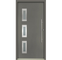 Porte d'entrée moderne grise avec trois vitrages rectangulaires et une longue poignée barre en acier inoxydable.
