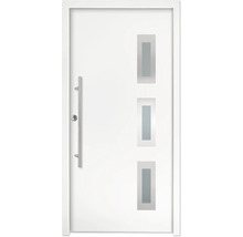 Porte d'entrée blanche avec trois ouvertures lumineuses verticales en verre dépoli et une longue poignée en acier inoxydable.