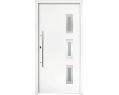 Porte d'entrée blanche avec trois ouvertures lumineuses verticales en verre dépoli et une longue poignée en acier inoxydable.