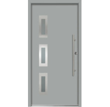 Moderne Haustür in Grau mit drei rechteckigen Glasausschnitten und langem Edelstahlstangengriff.
