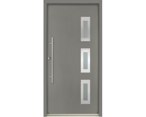 Porte d'entrée moderne grise avec trois inserts vitrés rectangulaires et une longue poignée de tirage en acier inoxydable.
