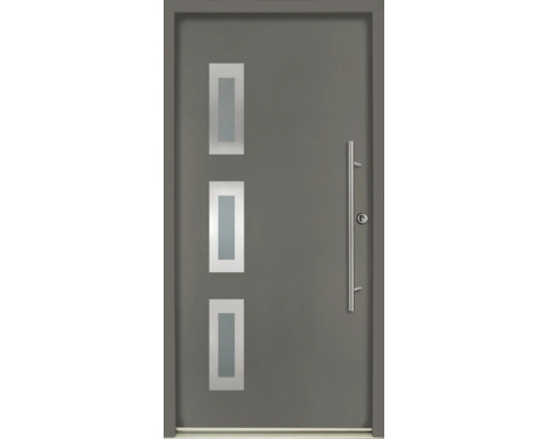 Porte d'entrée moderne grise avec trois vitrages rectangulaires et une longue poignée barre en acier inoxydable.