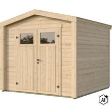 Abri de jardin en bois avec toit à deux pans et double porte avec fenêtres pour le rangement au jardin. (Image AI modified or generated)