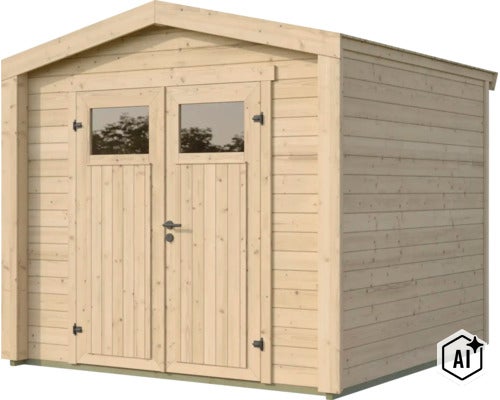 Abri de jardin en bois avec toit à deux pans et double porte avec fenêtres pour le rangement au jardin. (Image AI modified or generated)