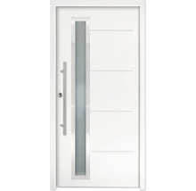 Porte d'entrée avec découpe vitrée verticale, poignée en acier inoxydable et rainures décoratives horizontales.