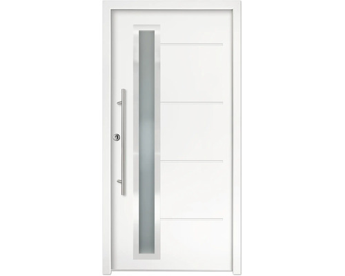 Porte d'entrée avec découpe vitrée verticale, poignée en acier inoxydable et rainures décoratives horizontales.