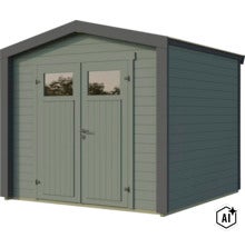 Abri de jardin en bois avec double porte et fenêtres (Image AI modified or generated)