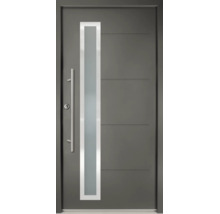 Porte d'entrée moderne en aluminium anthracite avec insert en verre vertical, poignée barre en acier inoxydable et rainures horizontales.