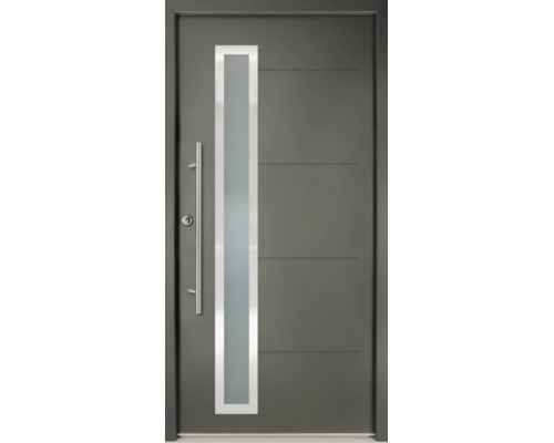 Porte d'entrée moderne en aluminium anthracite avec insert en verre vertical, poignée barre en acier inoxydable et rainures horizontales.